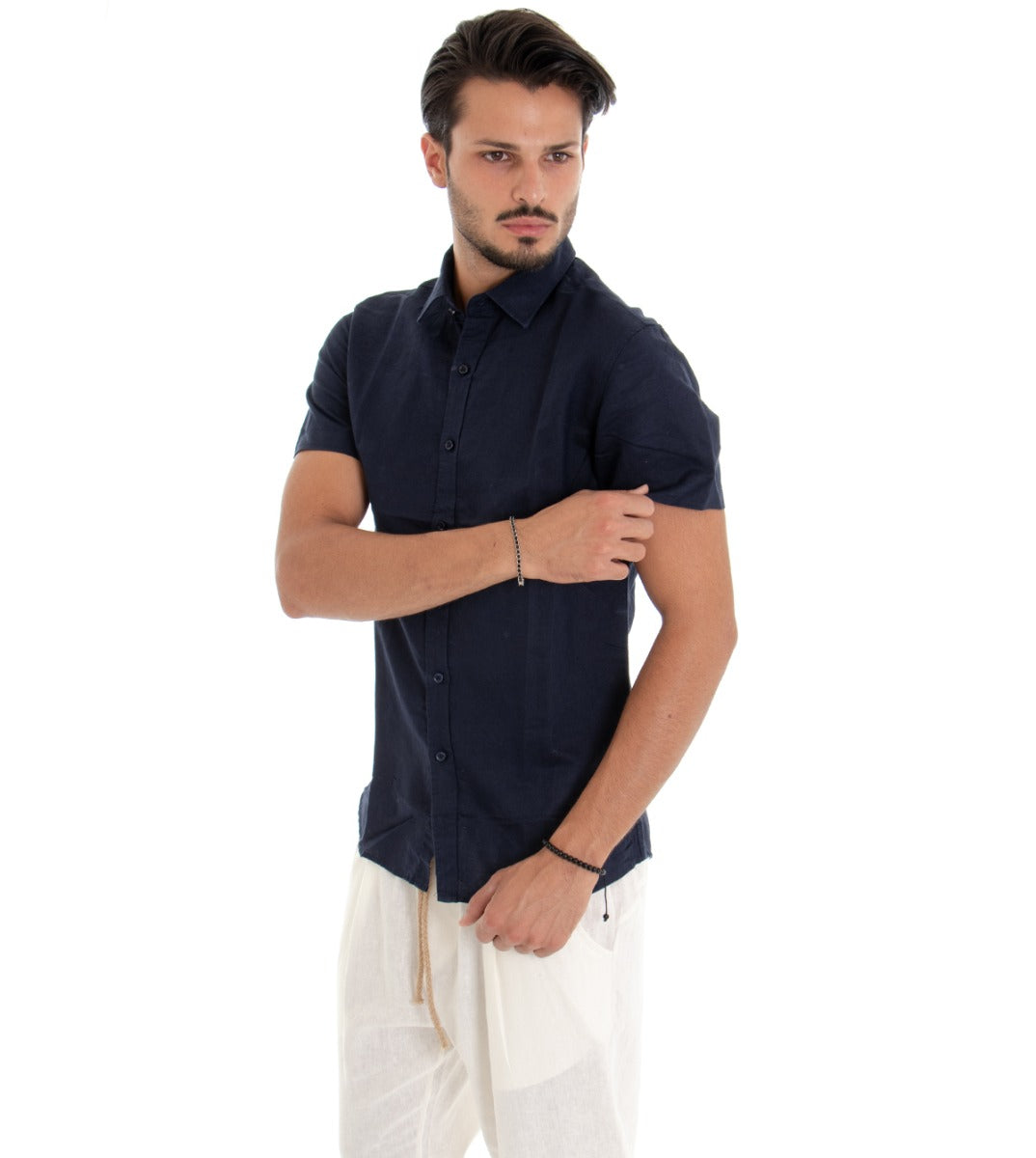 Men's Short Sleeve Shirt Collar Linen Solid Color Blue GIOSAL-CC1113A
