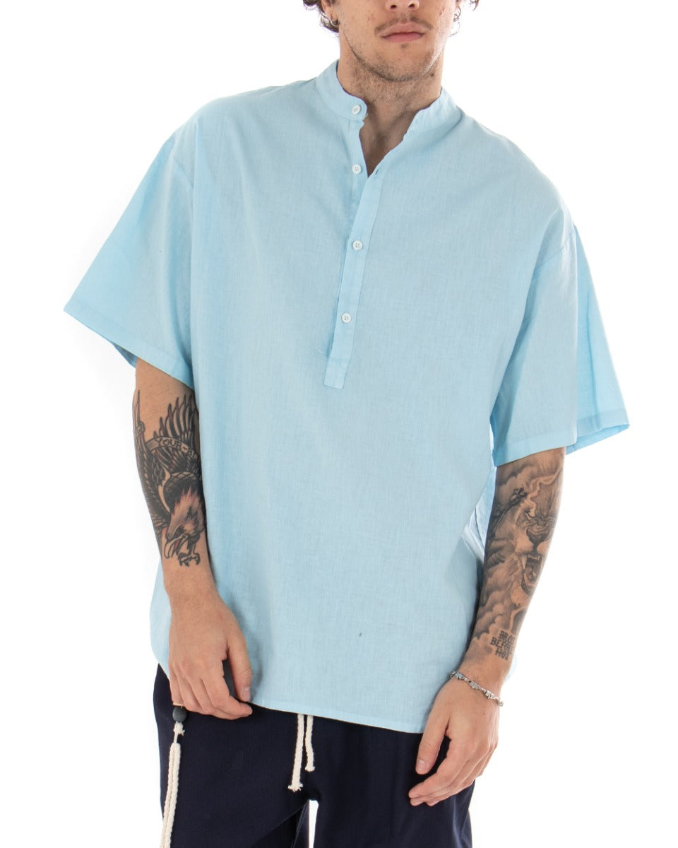 Men's Shirt Short Sleeve Solid Color Light Blue Korean Collar Casual GIOSAL-CC1121A