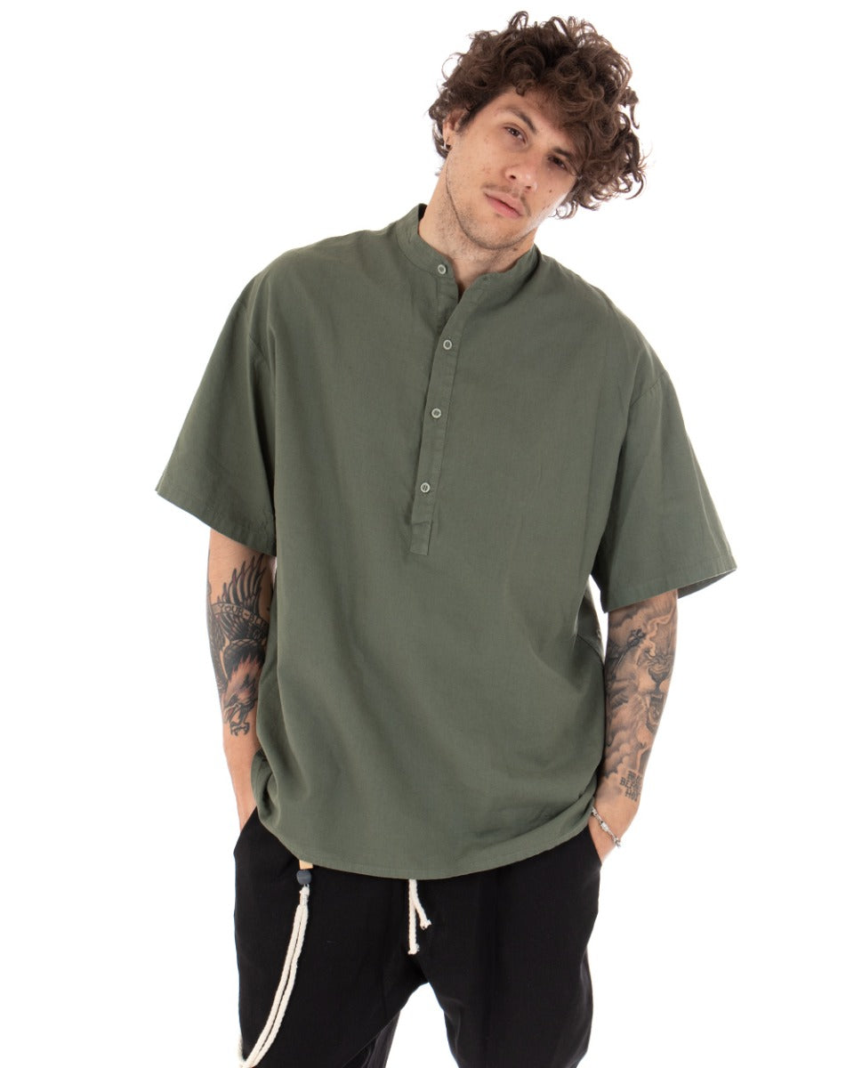 Camicia Uomo Manica Corta Tinta Unita Verde Collo Coreano Casual GIOSAL-CC1122A