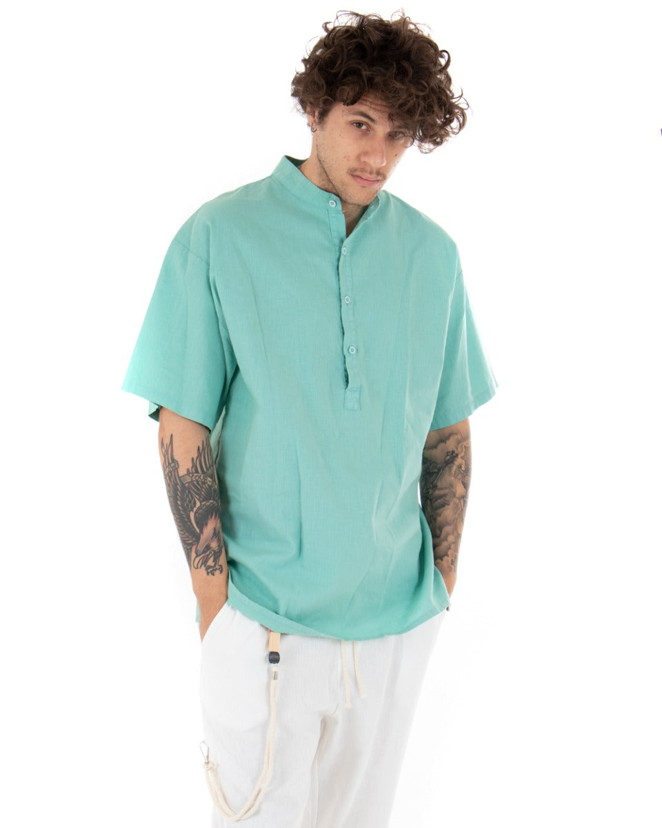 Men's Short Sleeve Solid Color Water Green Shirt Casual Mandarin Collar GIOSAL-CC1129A