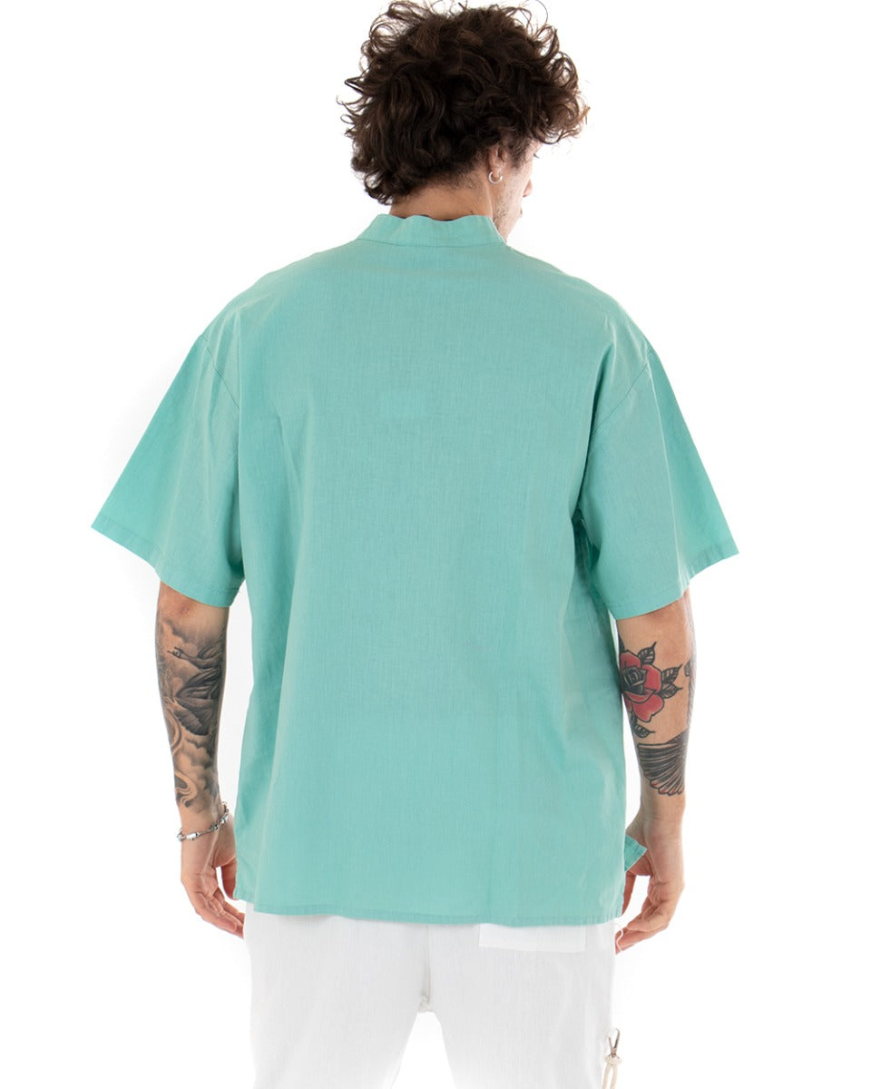Camicia Uomo Manica Corta Tinta Unita Verde Acqua Collo Coreano Casual GIOSAL-CC1129A