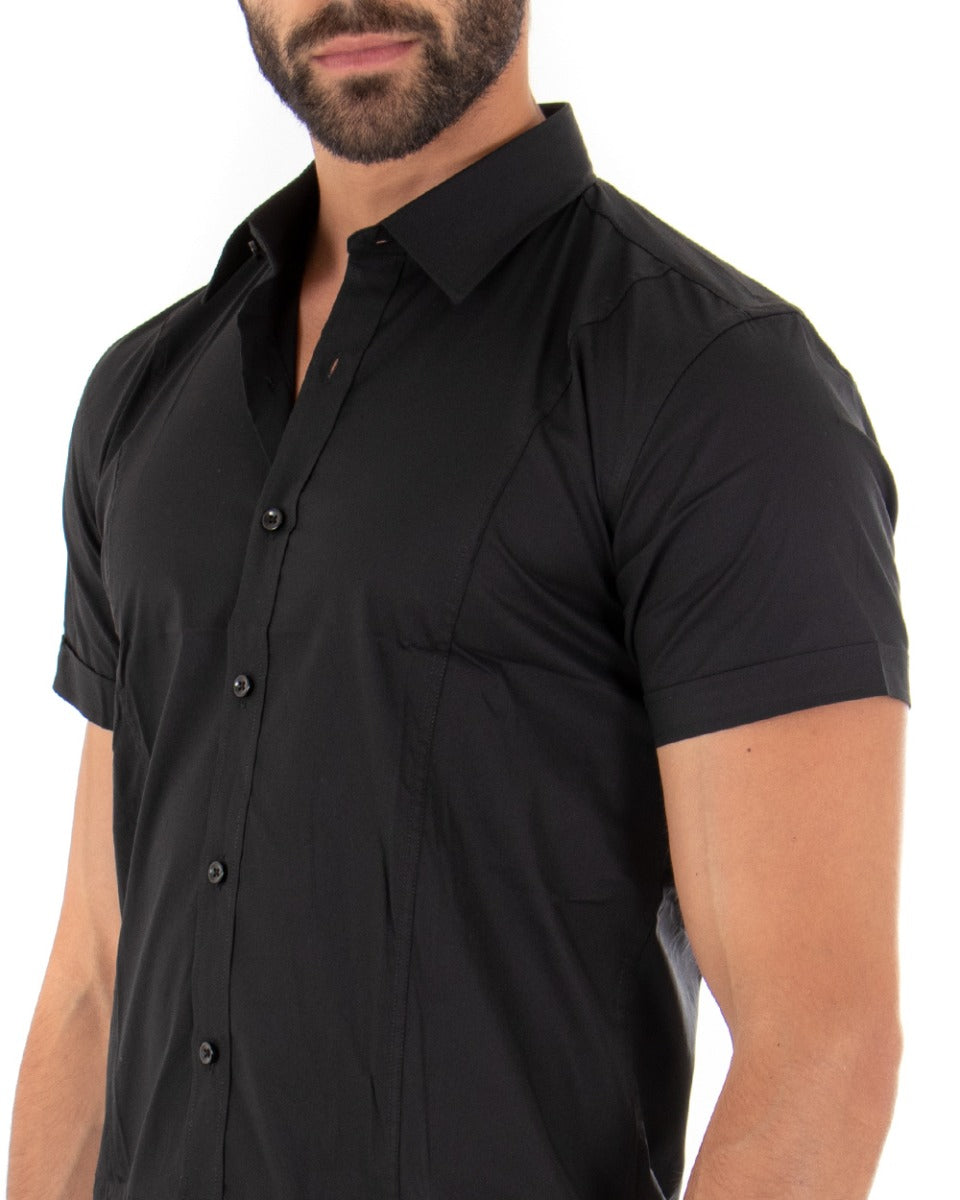 Slim Fit Men's Shirt Collar Short Sleeve Solid Color Black GIOSAL-CC1137A