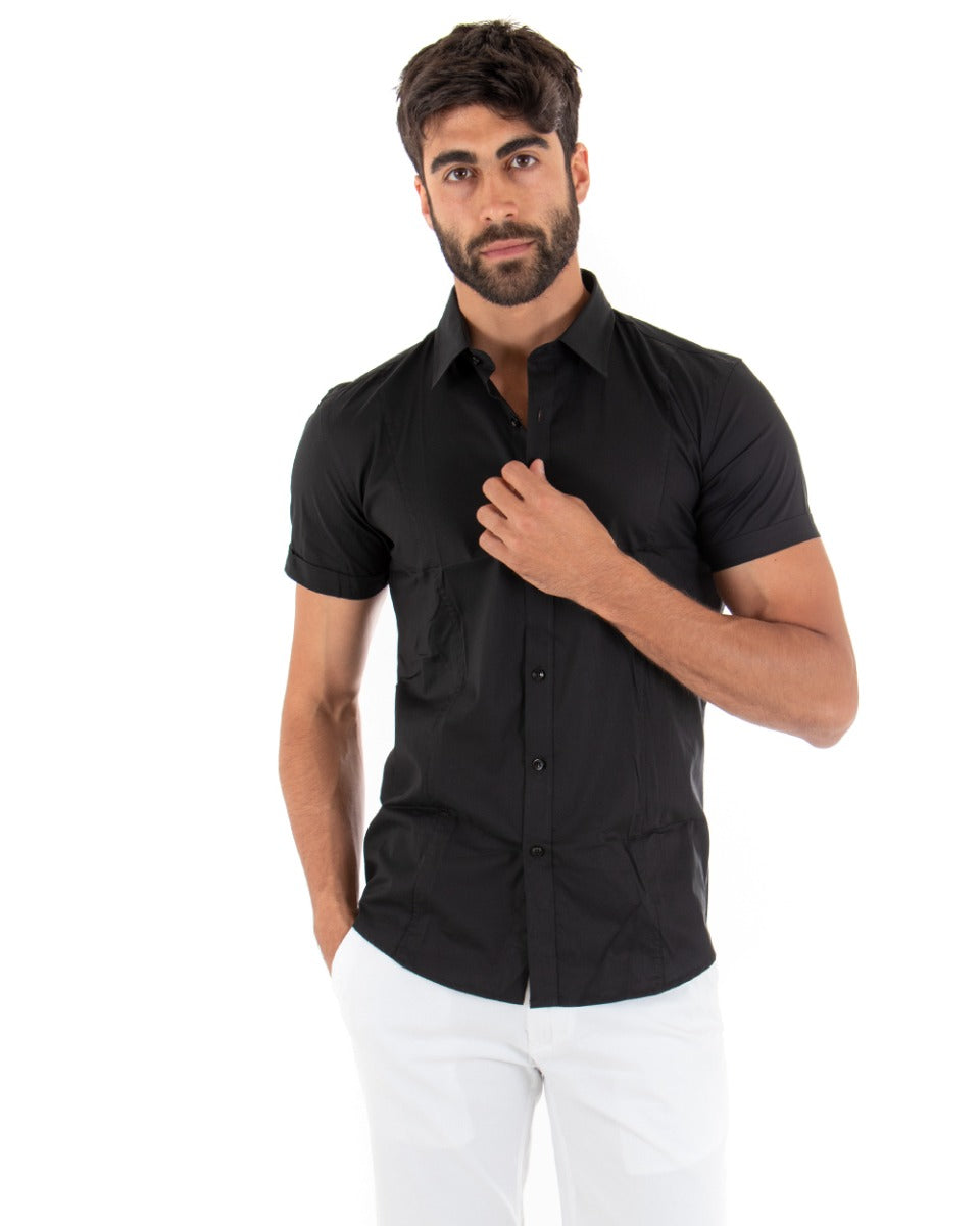 Camicia Uomo Maniche Corte Con Colletto Slim Fit Cotone Elastico Basic Tinta Unita Nera GIOSAL-CC1137A