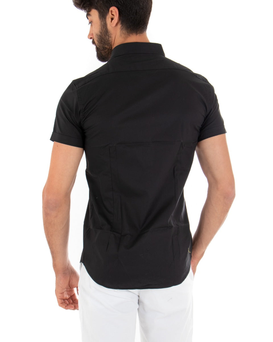 Camicia Uomo Maniche Corte Con Colletto Slim Fit Cotone Elastico Basic Tinta Unita Nera GIOSAL-CC1137A