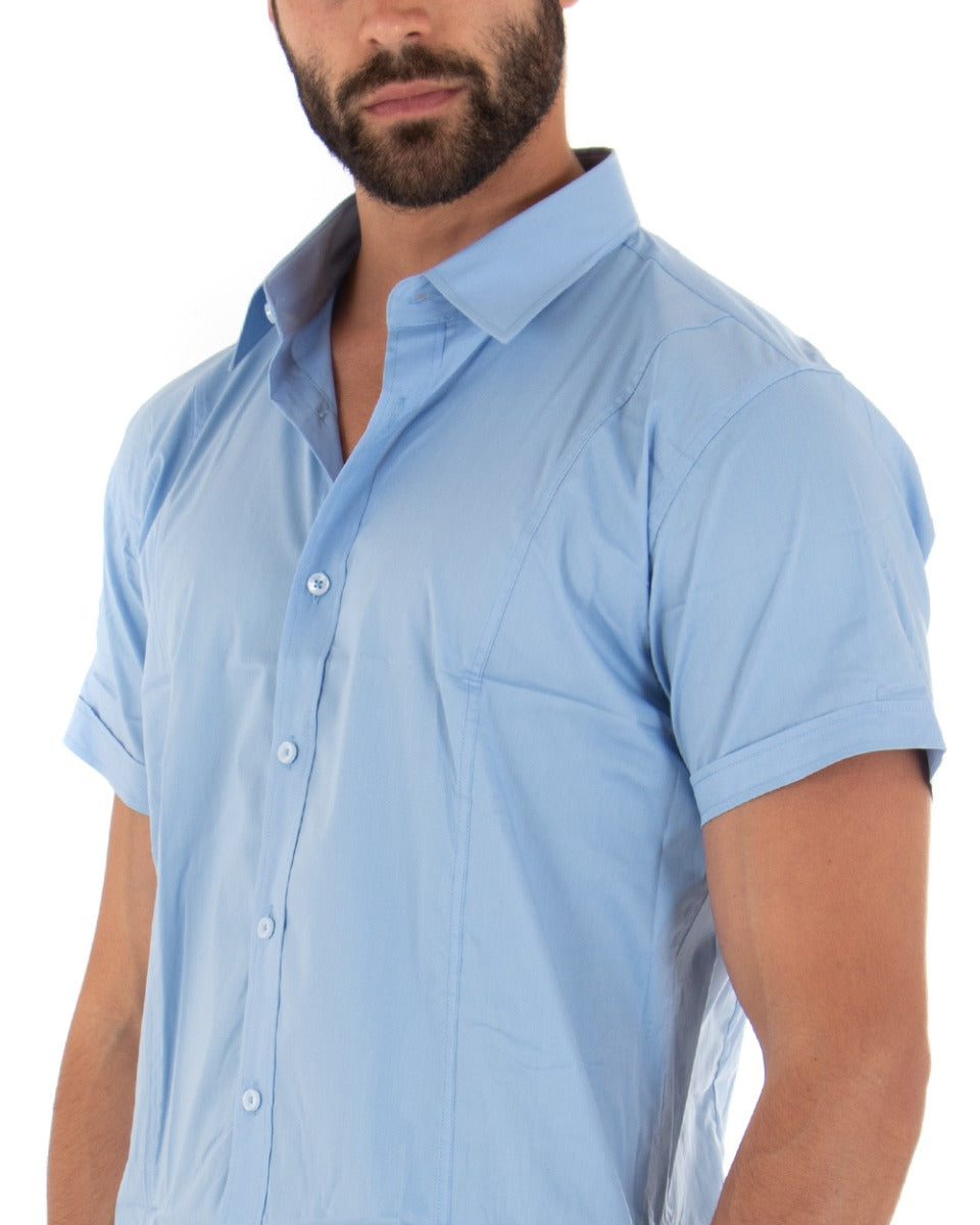 Camicia Uomo Slim Fit Colletto Manica Corta Tinta Unita Celeste GIOSAL-CC1138A
