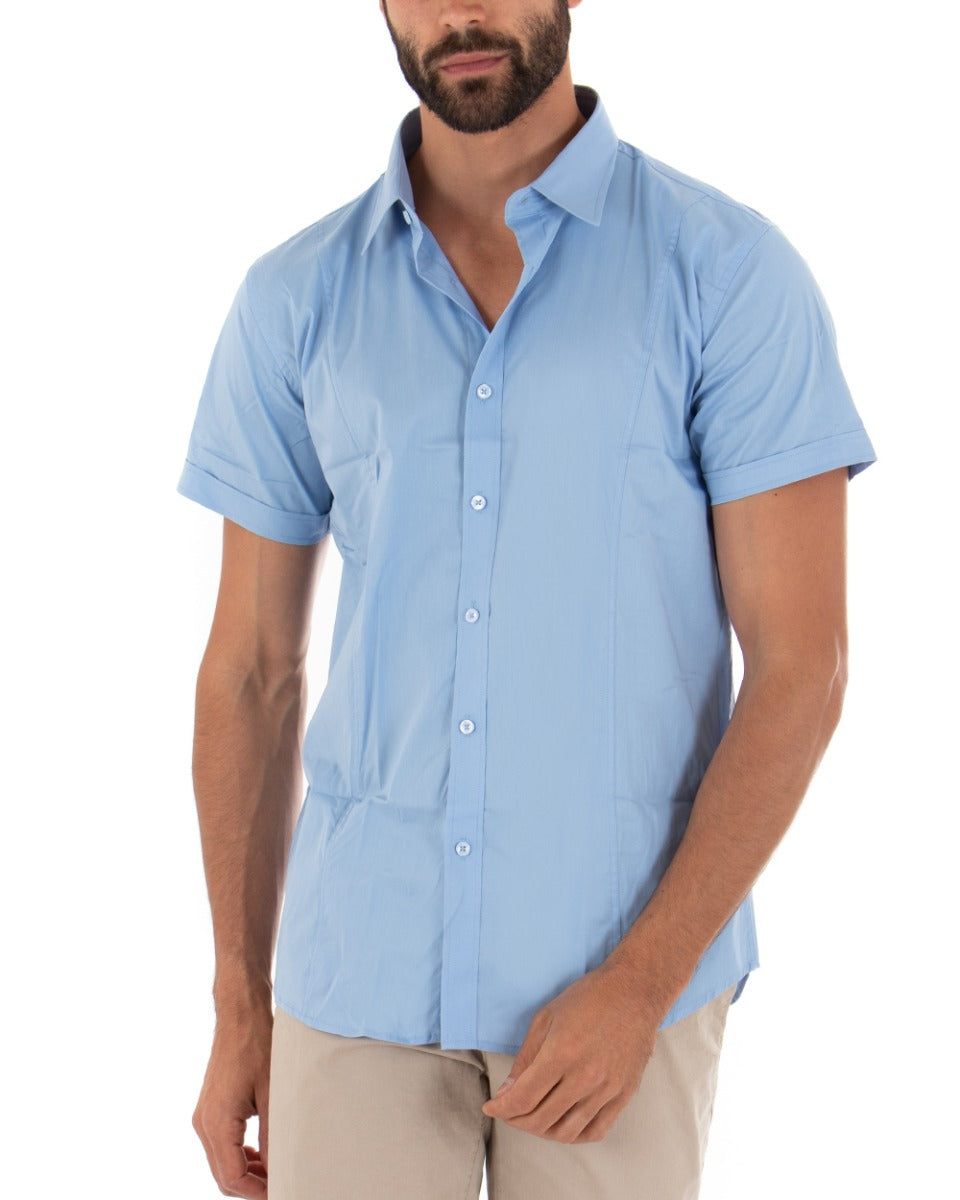 Slim Fit Men's Shirt Collar Short Sleeve Solid Color Light Blue GIOSAL-CC1138A