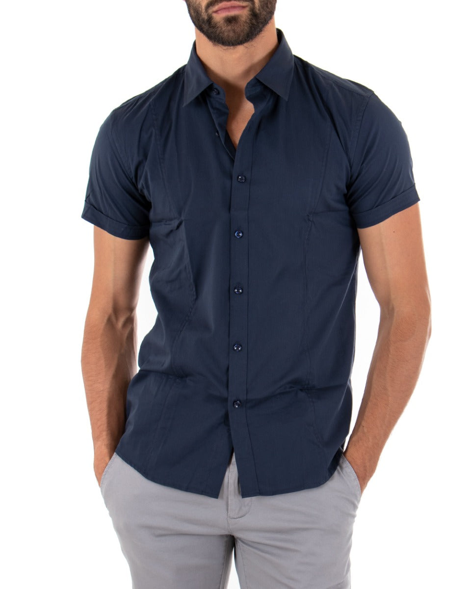 Camicia Uomo Maniche Corte Con Colletto Slim Fit Cotone Elastico Basic Tinta Unita Blu GIOSAL-CC1139A