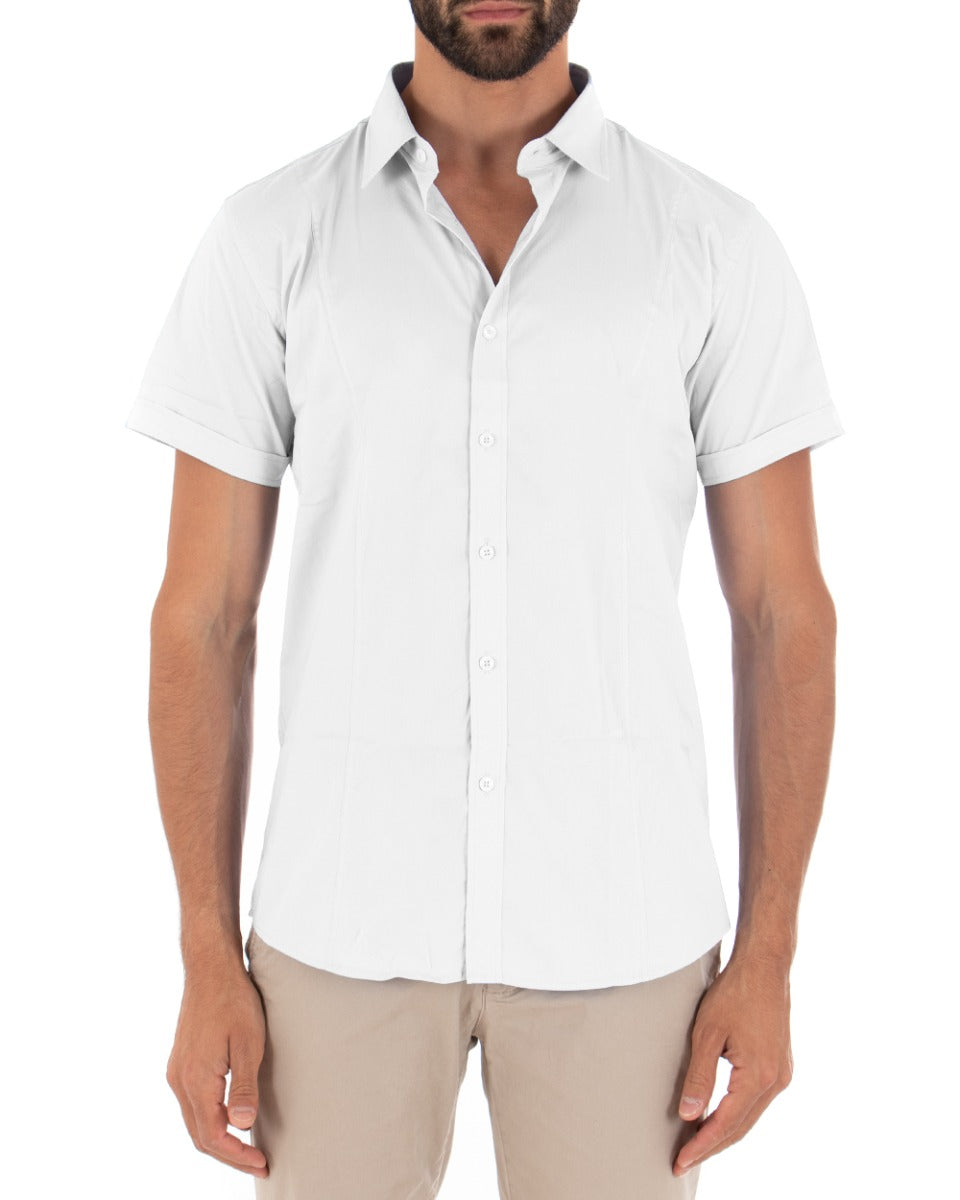 Camicia Uomo Maniche Corte Con Colletto Slim Fit Cotone Elastico Basic Tinta Unita Bianco GIOSAL-CC1140A