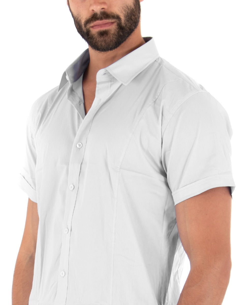 Camicia Uomo Slim Fit Colletto Manica Corta Tinta Unita Bianco GIOSAL-CC1140A