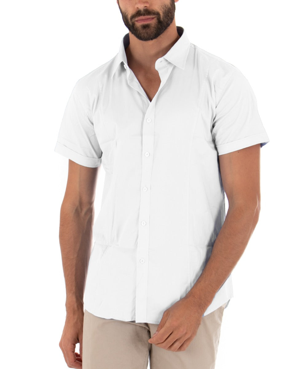 Camicia Uomo Maniche Corte Con Colletto Slim Fit Cotone Elastico Basic Tinta Unita Bianco GIOSAL-CC1140A