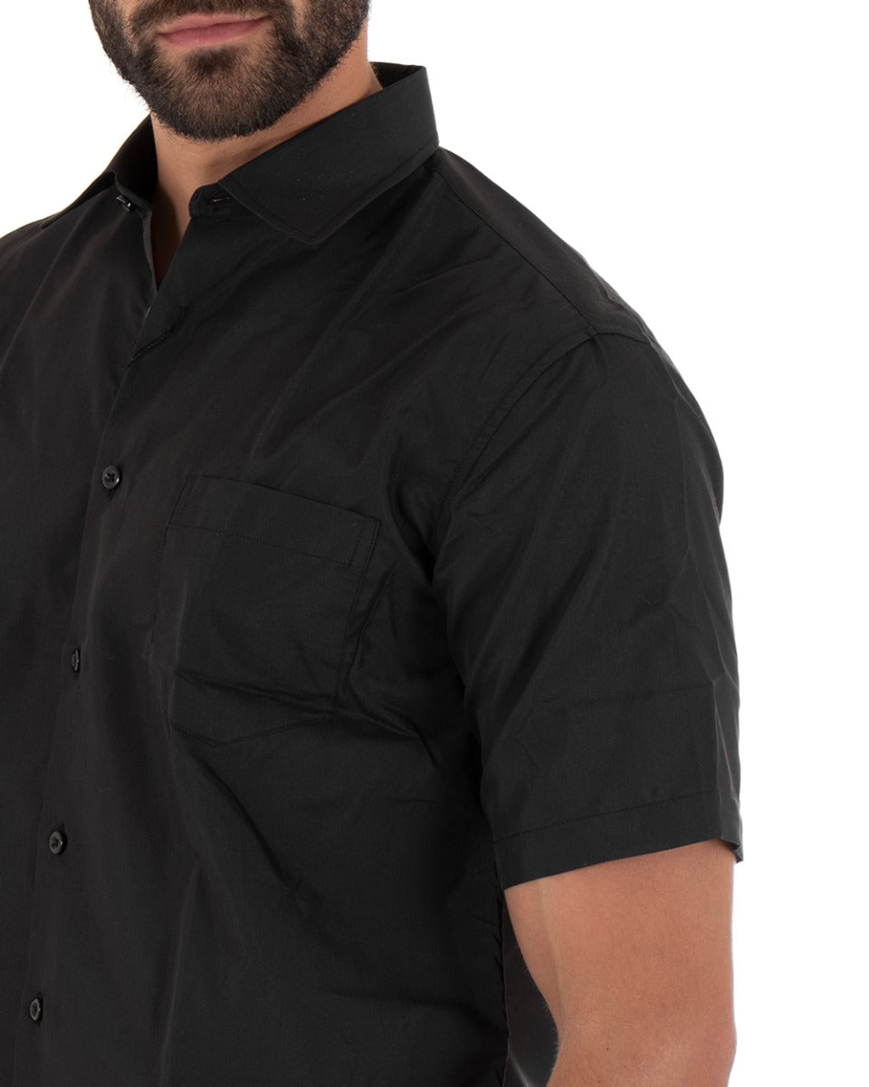 Camicia Uomo Regular Fit Colletto Classico Manica Corta Taschino Tinta Unita Nero GIOSAL-CC1141A