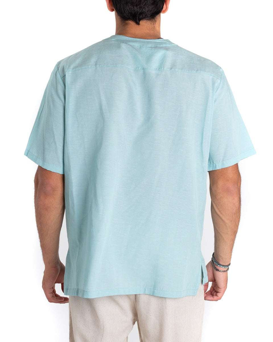 Men's Short Sleeve Shirt Solid Color Turquoise Casual Linen Tunic GIOSAL-CC1153A