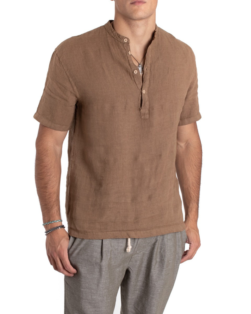 Men's Serafino Tunic Shirt Short Sleeve Linen Casual Solid Color Camel GIOSAL-CC1154A