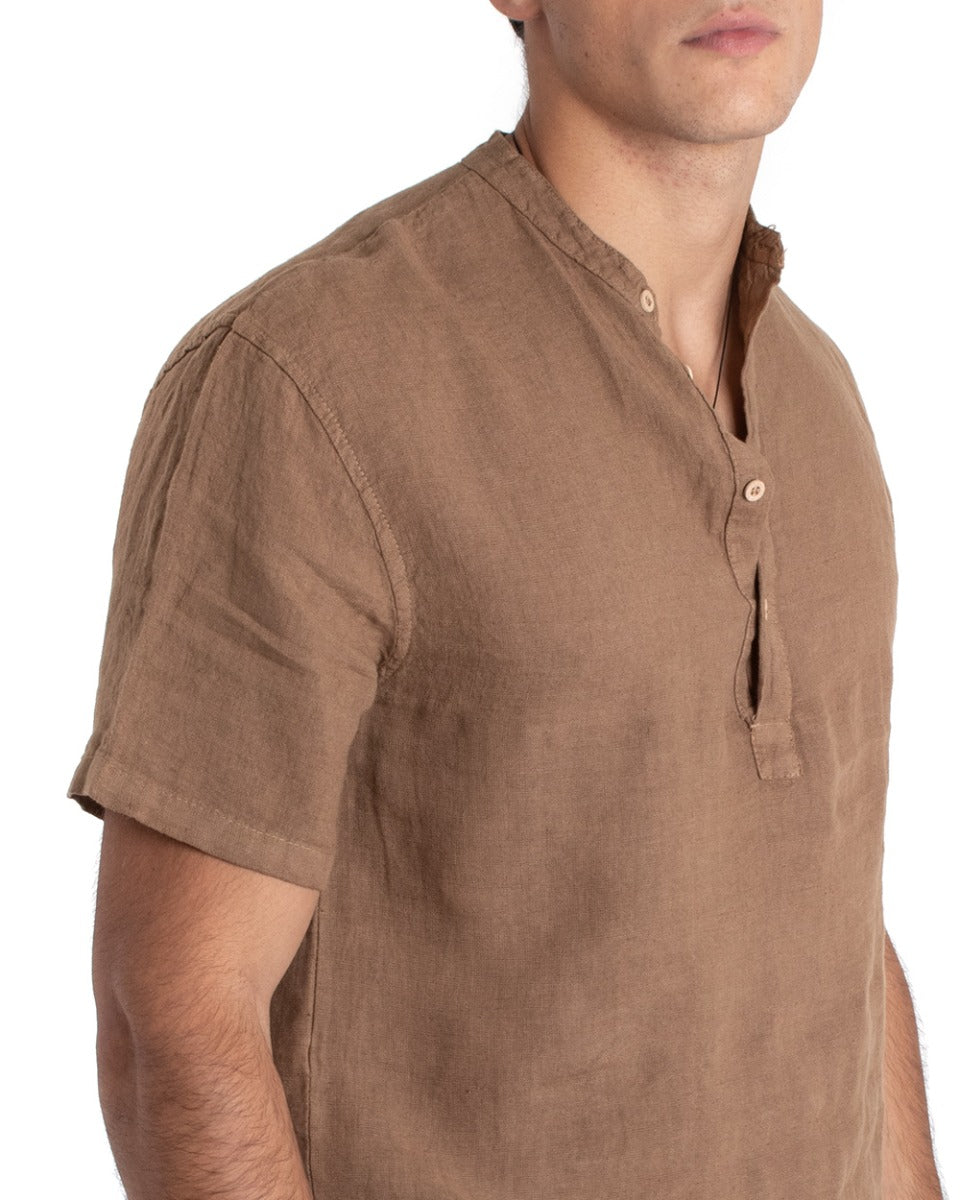 Men's Serafino Tunic Shirt Short Sleeve Linen Casual Solid Color Camel GIOSAL-CC1154A
