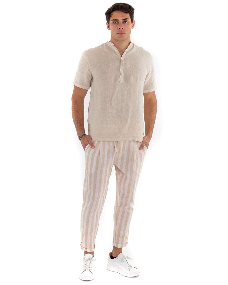 Men's Serafino Tunic Shirt Short Sleeve Casual Linen Solid Color Beige GIOSAL-CC1158A