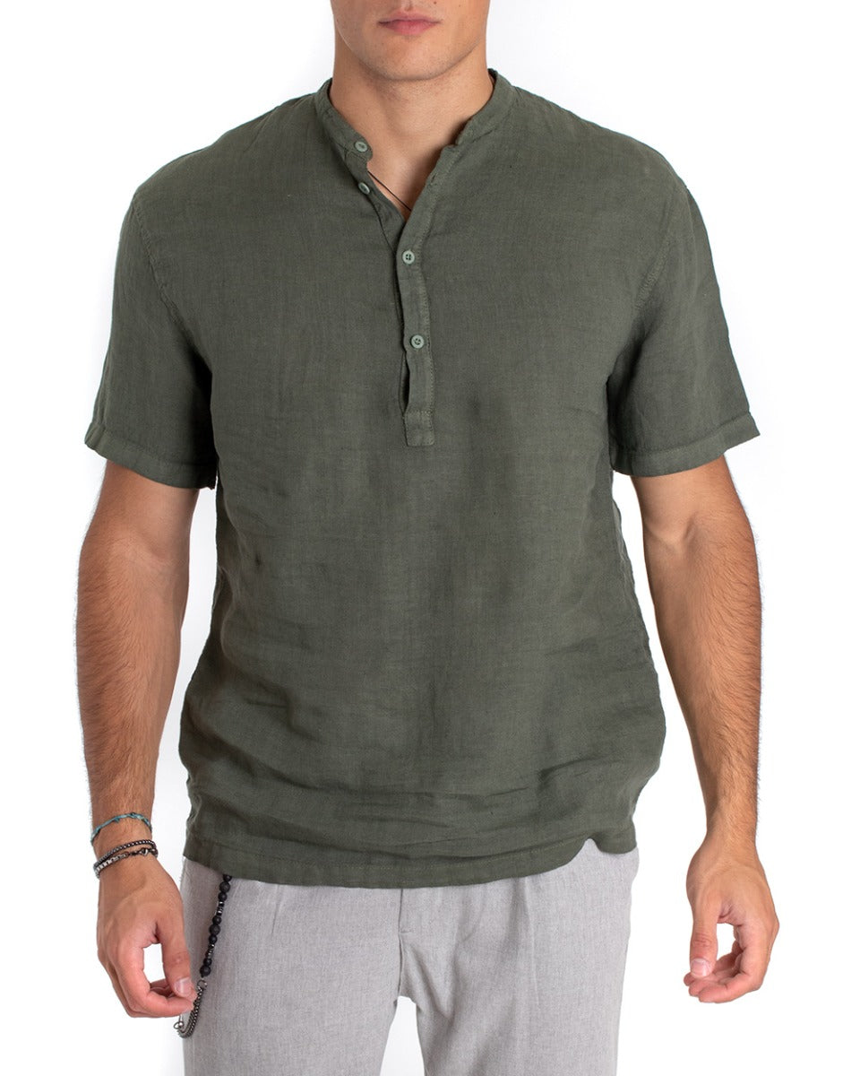 Men's Serafino Coat Shirt Short Sleeve Casual Linen Solid Color Green GIOSAL-CC1159A