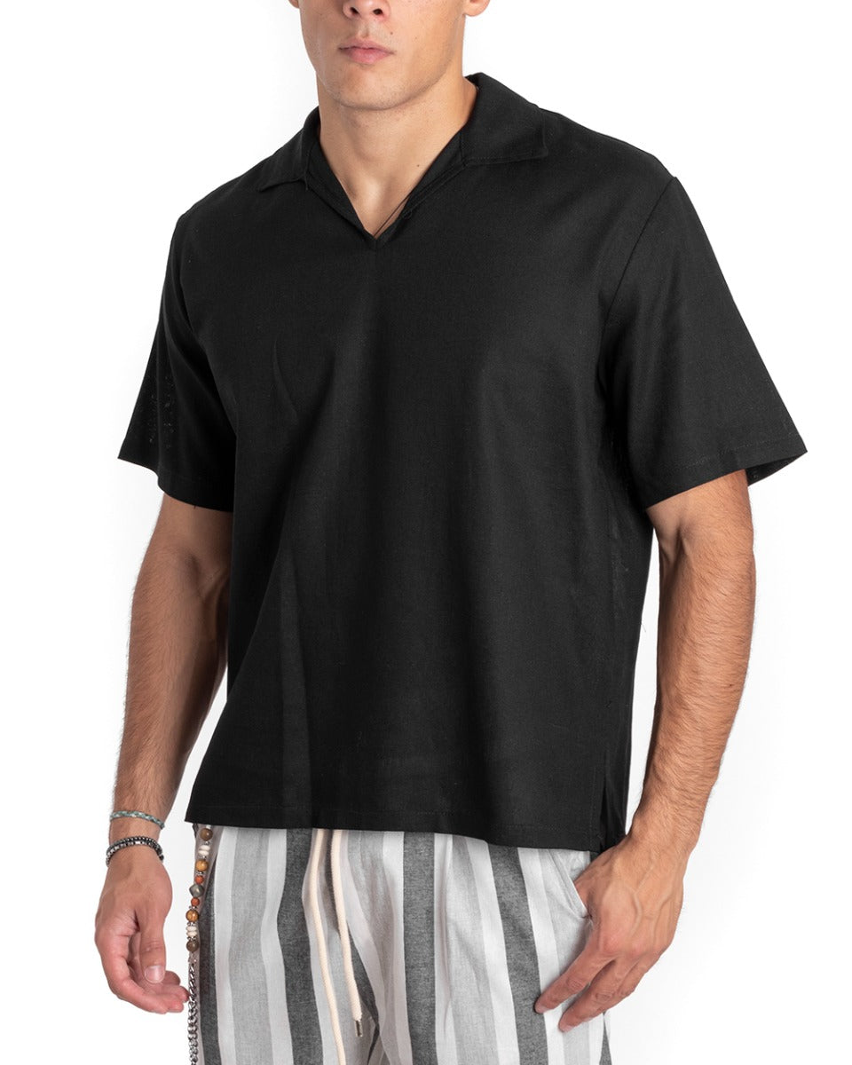 Men's Tunic Shirt Short Sleeve V-Neck Linen Polo Shirt Solid Black GIOSAL-CC1161A