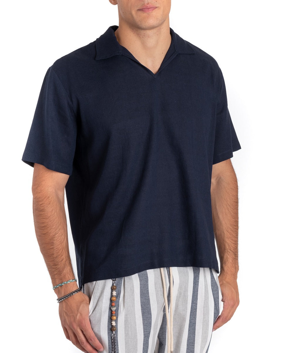 Men's Coat Shirt Short Sleeve V-Neck Linen Polo Shirt Solid Blue GIOSAL-CC1162A