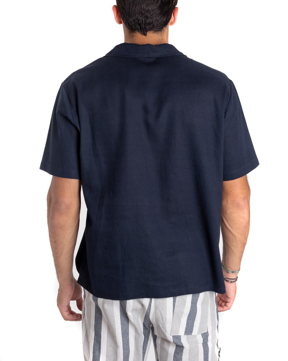 Men's Coat Shirt Short Sleeve V-Neck Linen Polo Shirt Solid Blue GIOSAL-CC1162A