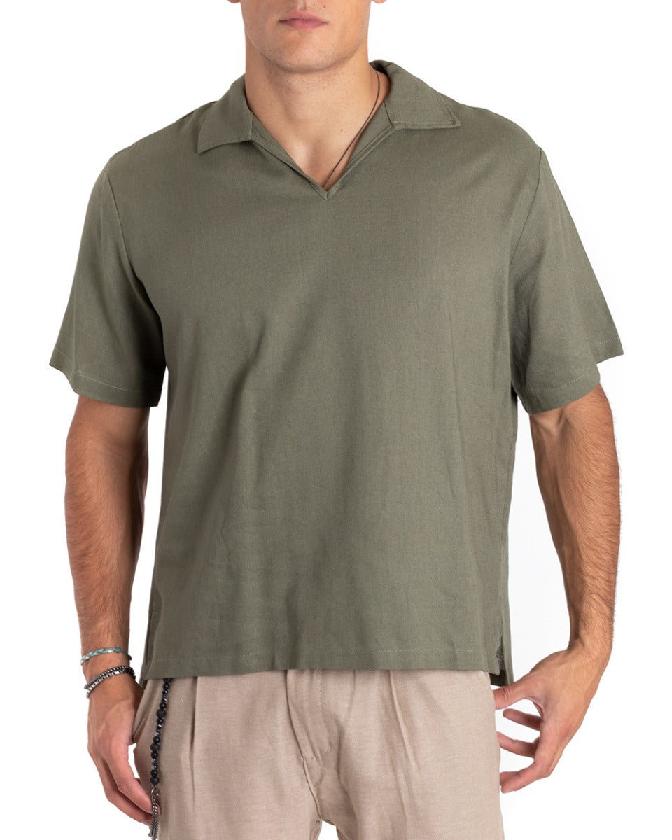 Men's Coat Shirt Short Sleeve V-Neck Linen Polo Shirt Solid Green GIOSAL-CC1164A