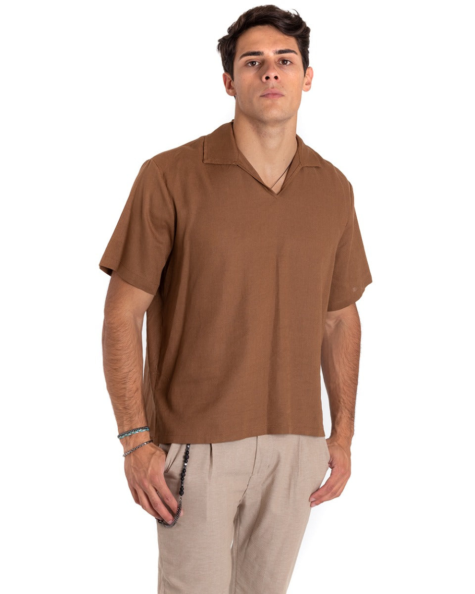 Men's Tunic Shirt Short Sleeve V-Neck Linen Polo Solid Color Tobacco GIOSAL-CC1165A