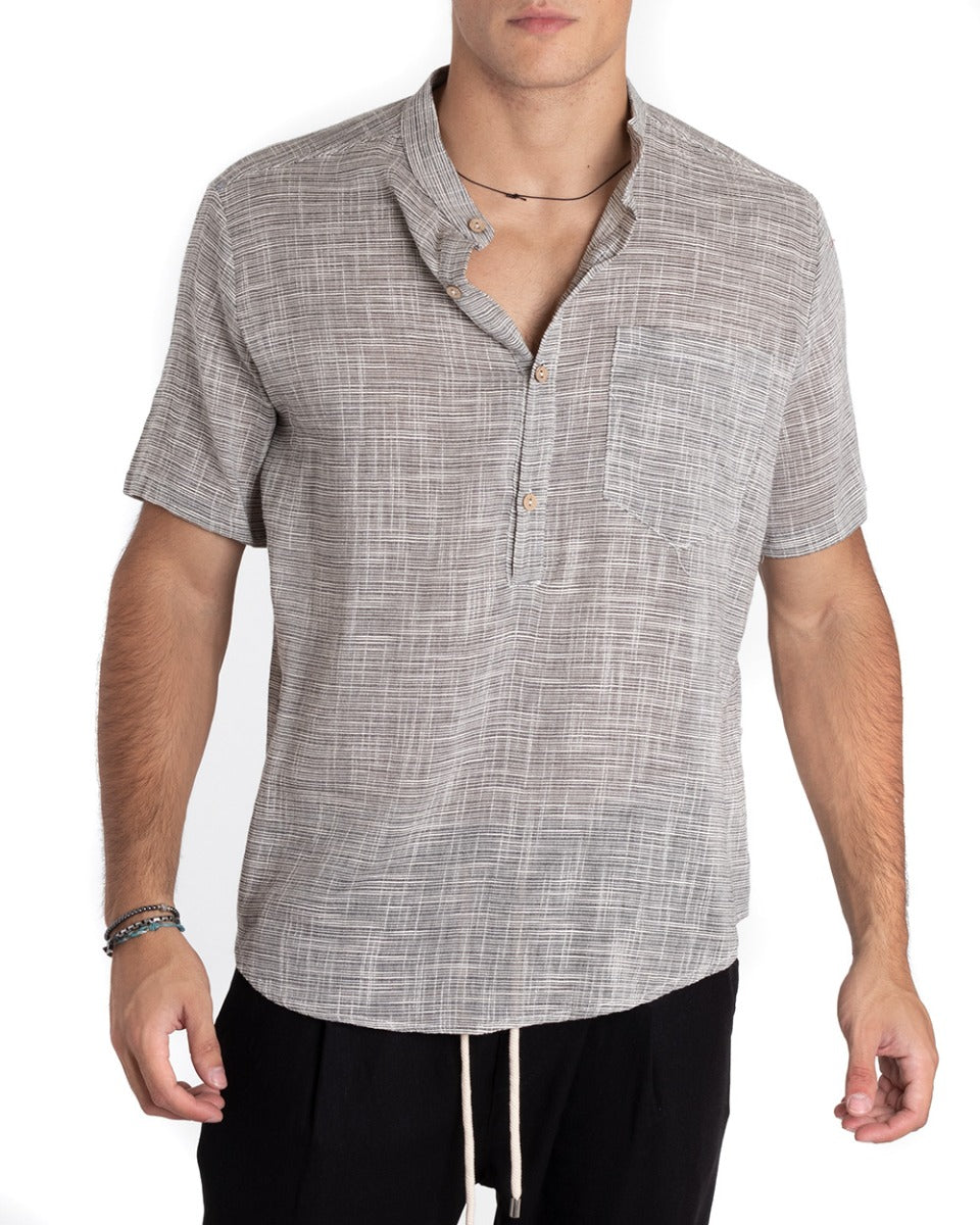 Men's Shirt Short Sleeve Mandarin Collar Serafino Mud Melange GIOSAL-CC1167A