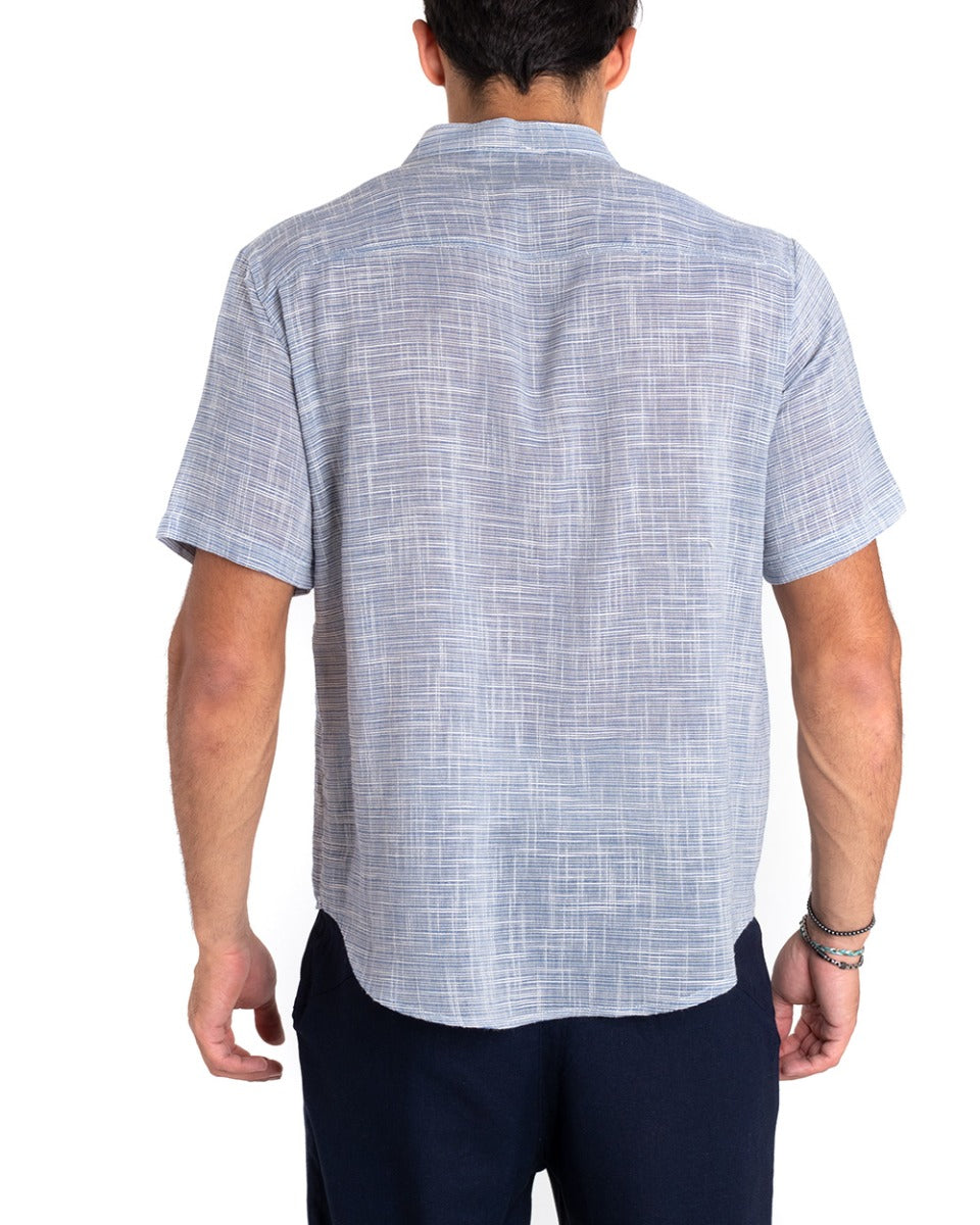 Camicia Uomo Manica Corta Collo Coreano Serafino Tinta Unita Melangiata Blu GIOSAL-CC1168A