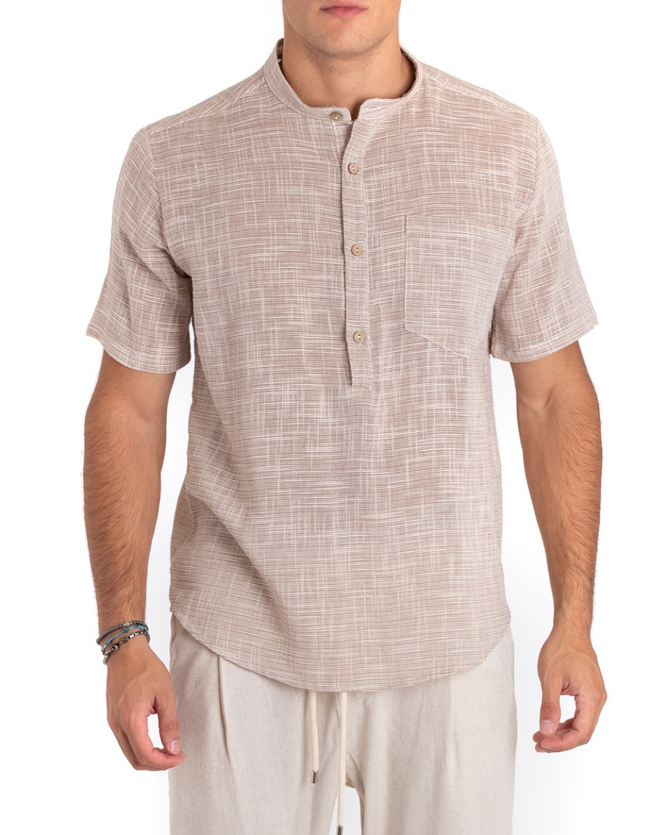 Camicia Uomo Manica Corta Collo Coreano Serafino Unita Melangiata Beige GIOSAL-CC1169A