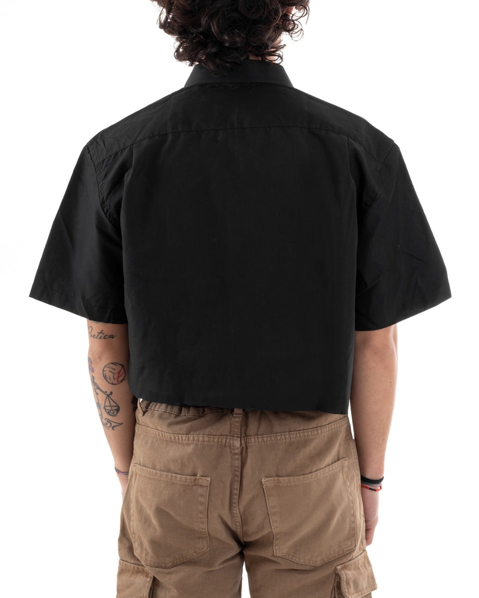 Camicia Manica Corta Uomo Cropped Tinta Unita Nera Boxy Fit Casual GIOSAL-CC1175A