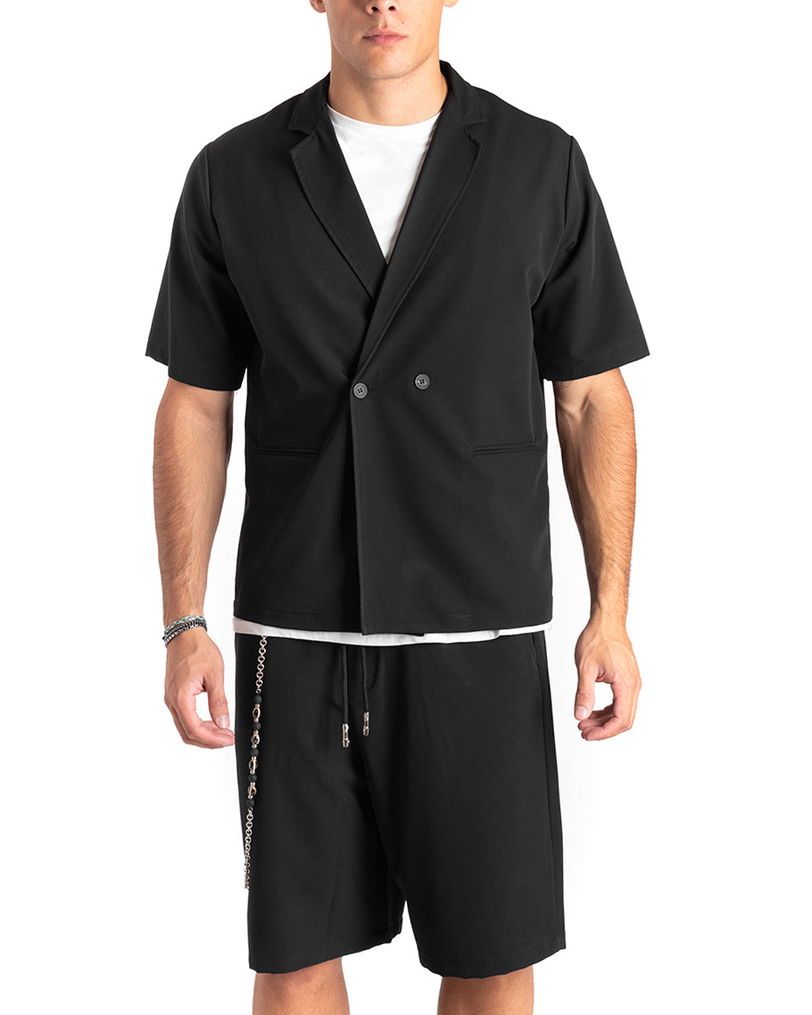 Camicia Uomo Manica Corta Nero Doppiopetto Colletto Giacca GIOSAL-CC1176A