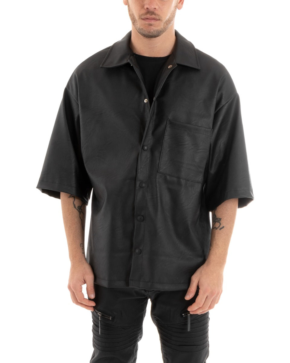 Men's Short Sleeve Black Faux Leather Casual Shirt GIOSAL-CC1180A