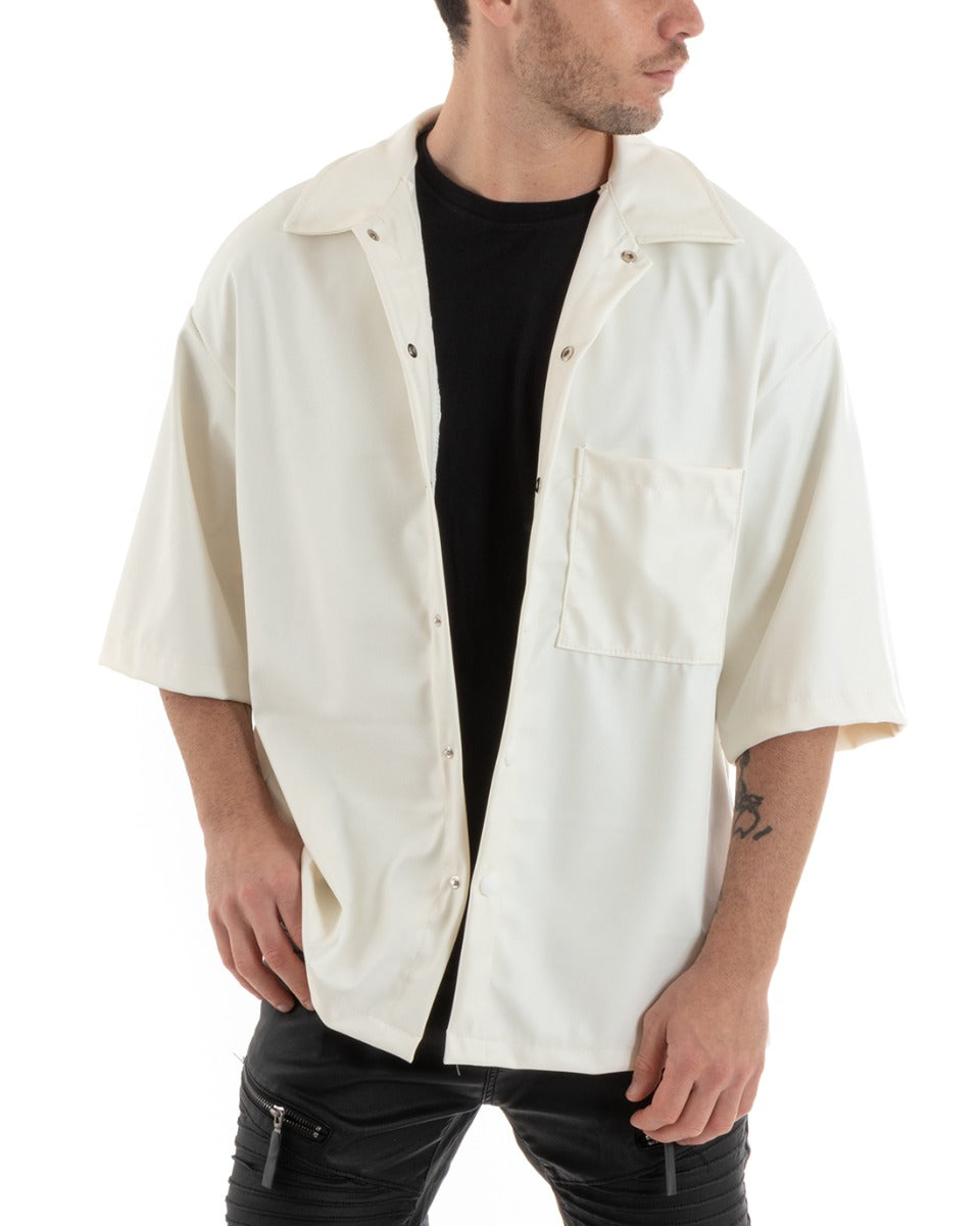 Men's Short Sleeve Shirt Cream Faux Leather Casual GIOSAL-CC1181A