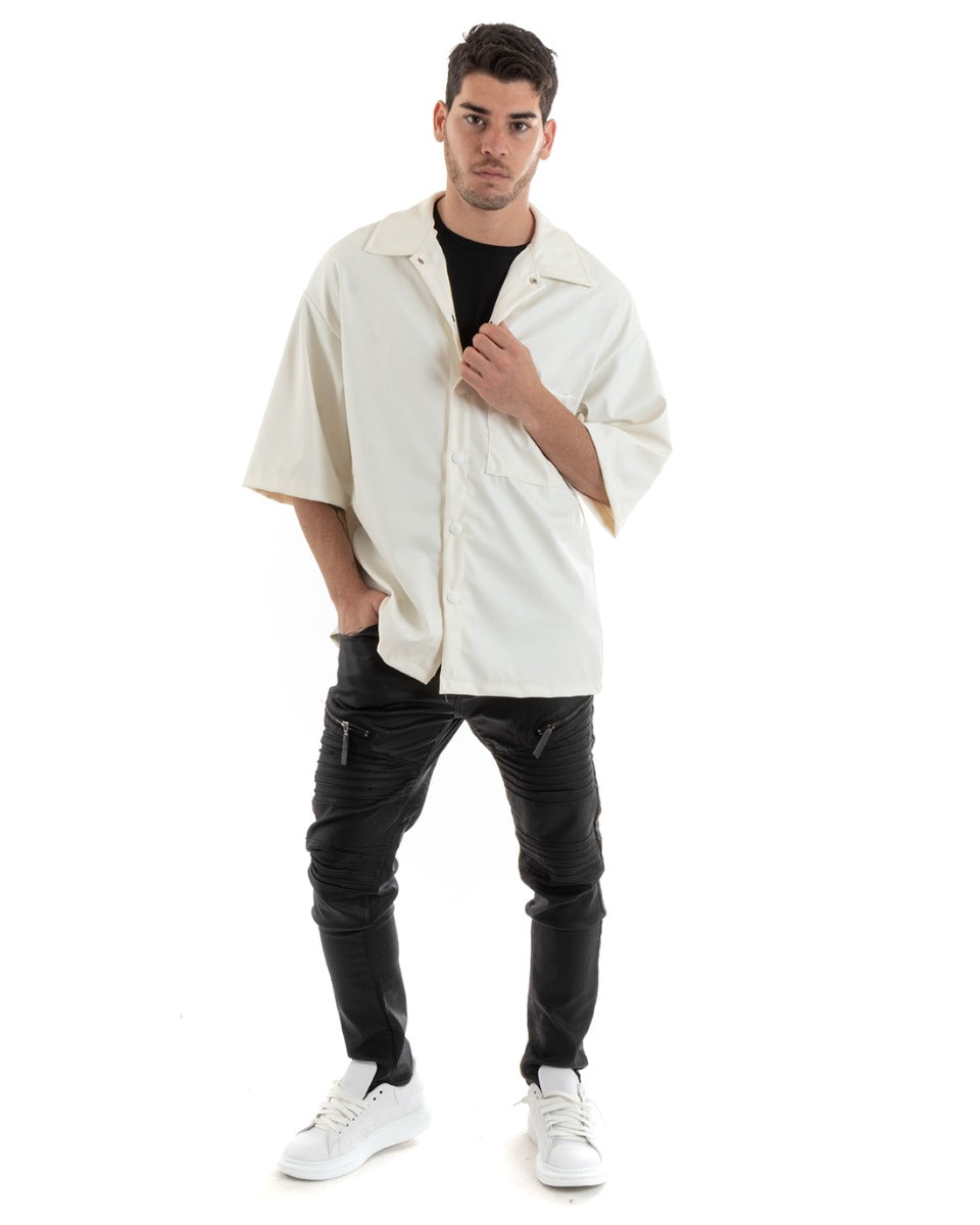 Men's Short Sleeve Shirt Cream Faux Leather Casual GIOSAL-CC1181A
