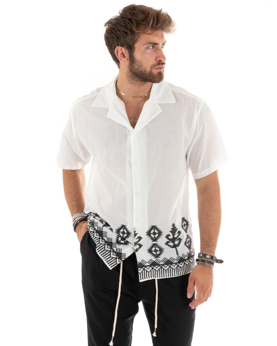 Camicia Manica Corta Uomo Con Colletto Bordi Ricamati Bianco Regular GIOSAL-CC1185A