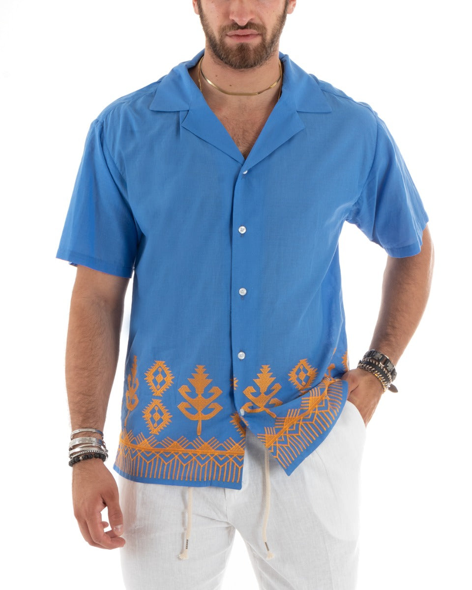 Men's Short Sleeve Shirt With Collar Embroidered Edges Royal Blue Regular GIOSAL-CC1186A