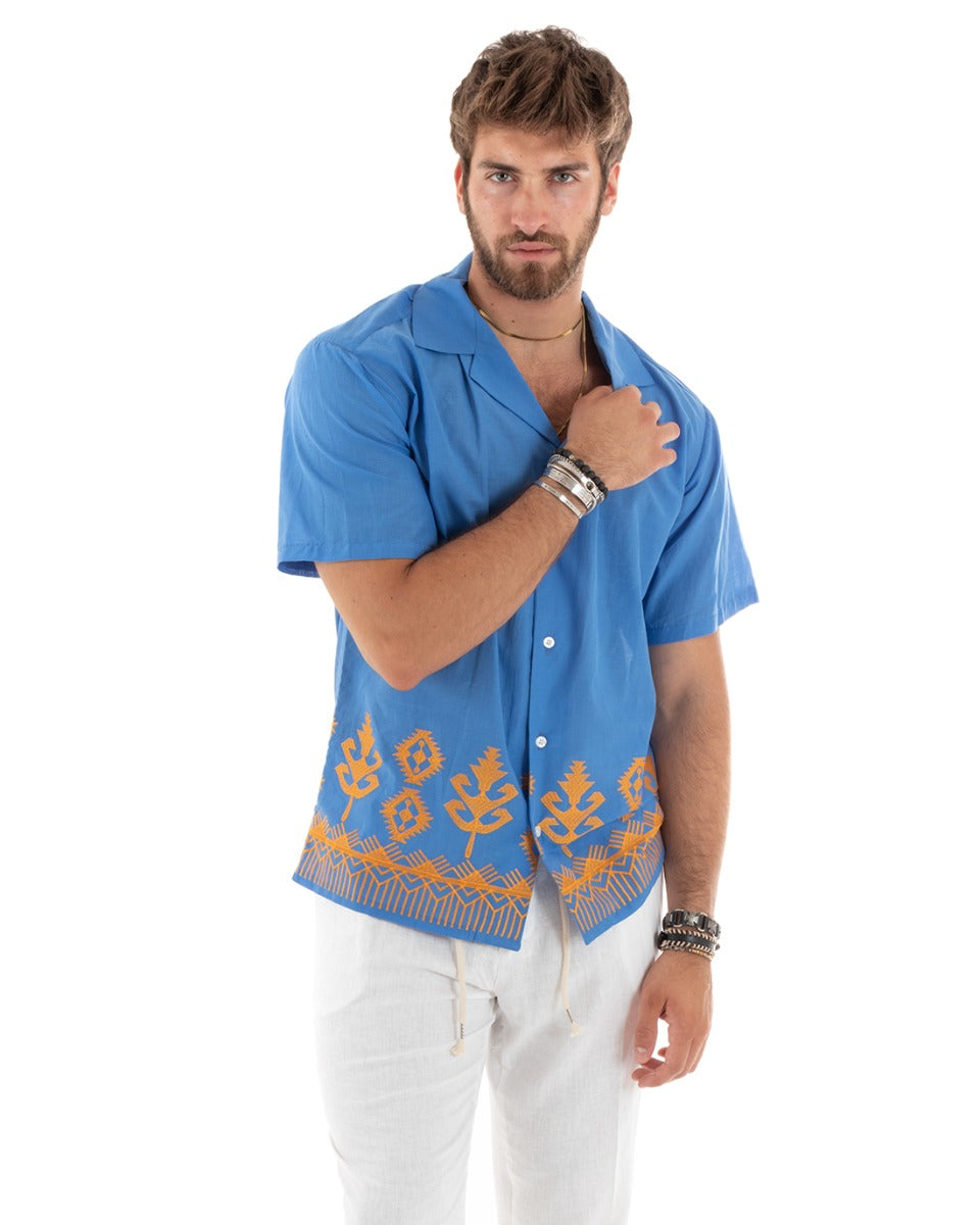 Camicia Manica Corta Uomo Con Colletto Bordi Ricamati Blu Royal Regular GIOSAL-CC1186A