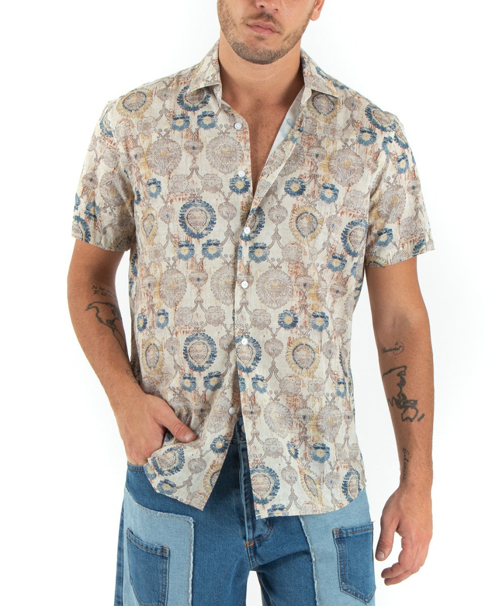 Men's Cotton Shirt Short Sleeve Collar Ethnic Pattern Casual Beige GIOSAL-CC1188A