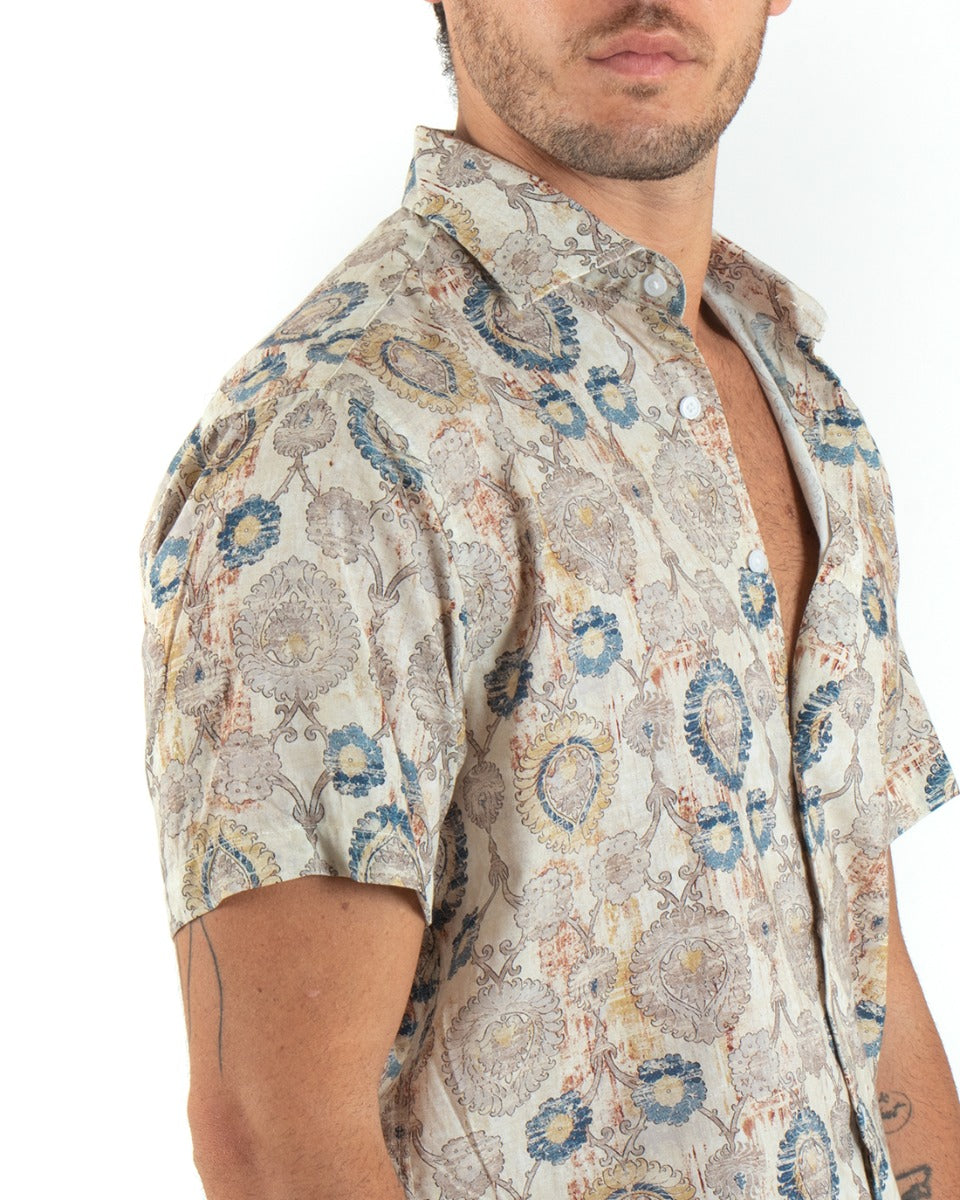 Men's Cotton Shirt Short Sleeve Collar Ethnic Pattern Casual Beige GIOSAL-CC1188A