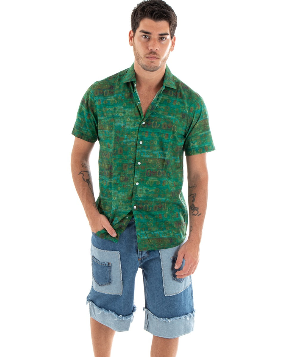 Camicia Uomo Cotone Manica Corta Colletto Fantasia Etnica Casual Verde GIOSAL-CC1189A