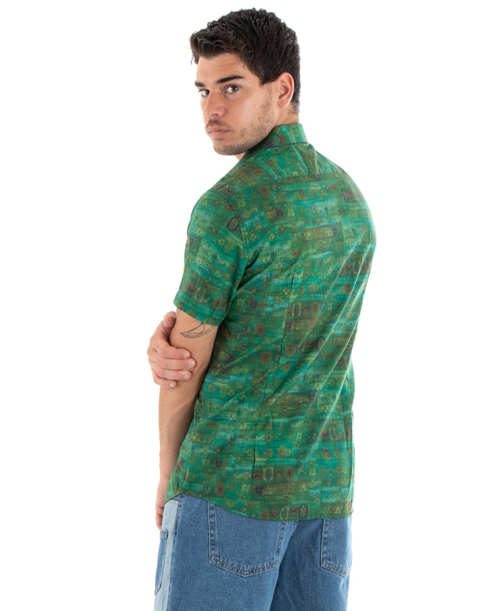 Camicia Uomo Cotone Manica Corta Colletto Fantasia Etnica Casual Verde GIOSAL-CC1189A