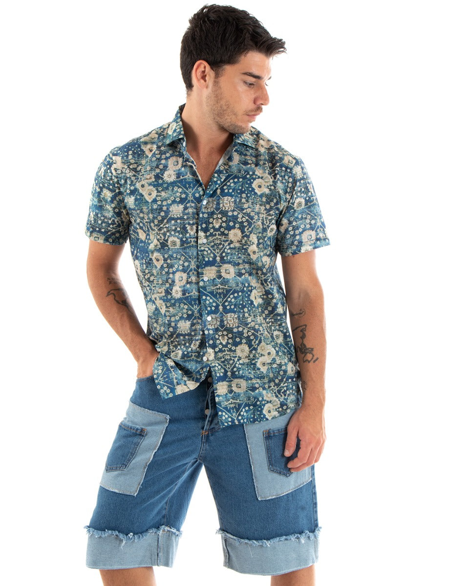 Men's Cotton Shirt Short Sleeve Collar Floral Pattern Casual Blue GIOSAL-CC1190A