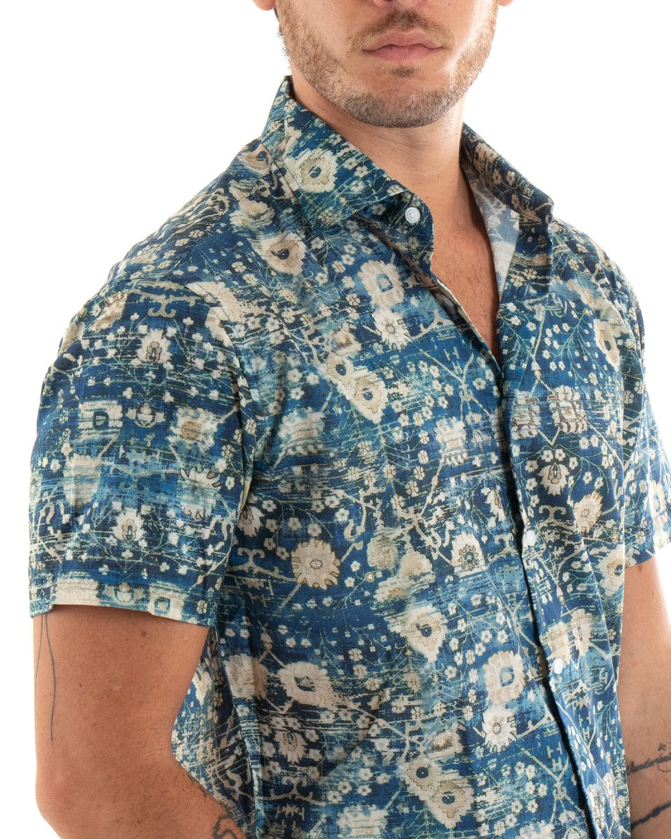 Men's Cotton Shirt Short Sleeve Collar Floral Pattern Casual Blue GIOSAL-CC1190A