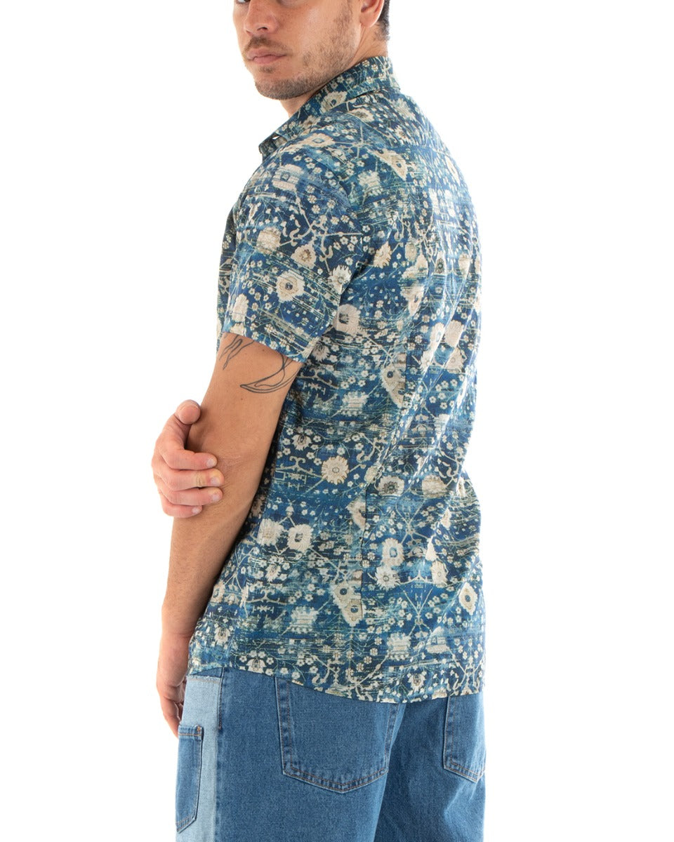 Camicia Uomo Cotone Manica Corta Colletto Fantasia Floreale Casual Blu GIOSAL-CC1190A