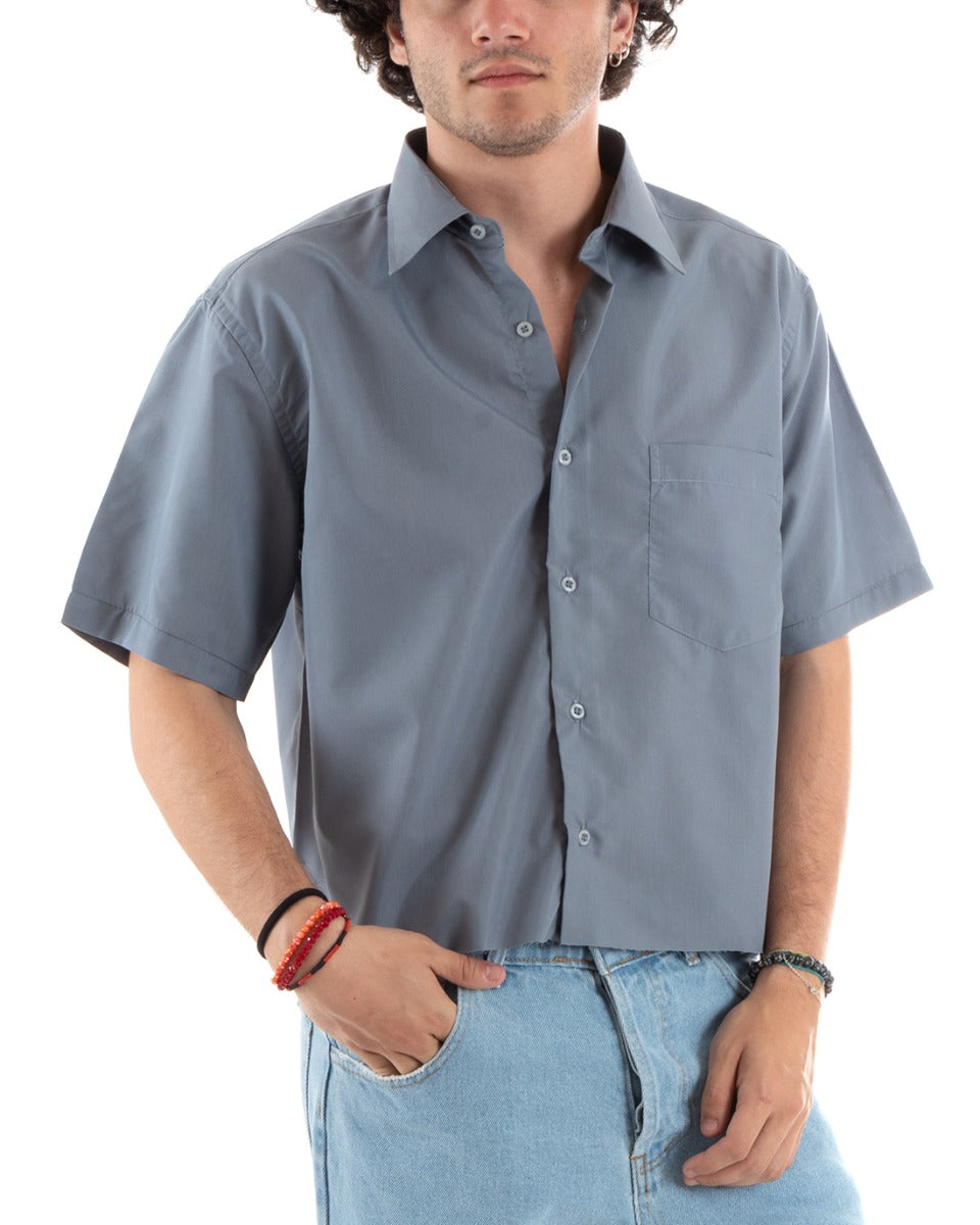 Men's Short Sleeve Shirt Cropped Solid Color Gray Boxy Fit Casual GIOSAL-CC1193A