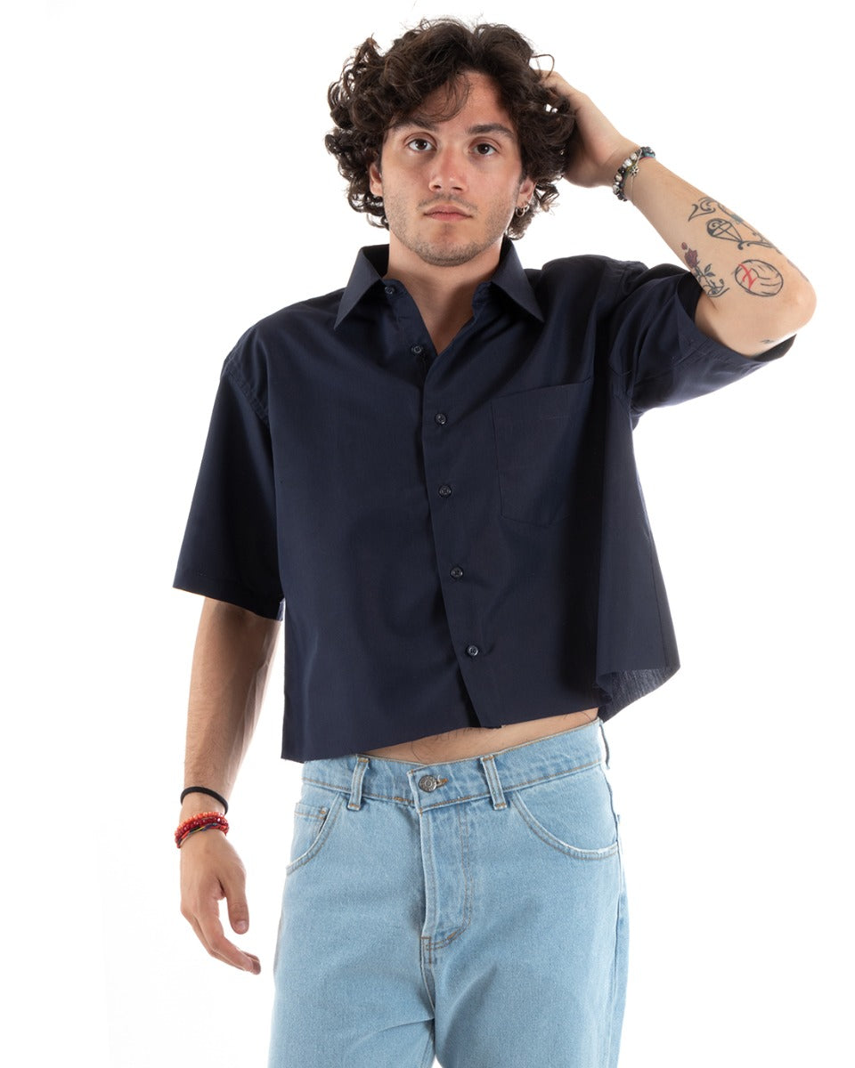 Camicia Uomo Manica Corta Cropped Tinta Unita Blu Boxy Fit Casual GIOSAL-CC1194A