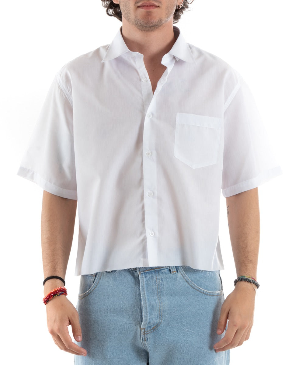 Men's Short Sleeve Cropped Shirt Solid Color White Boxy Fit Casual GIOSAL-CC1195A