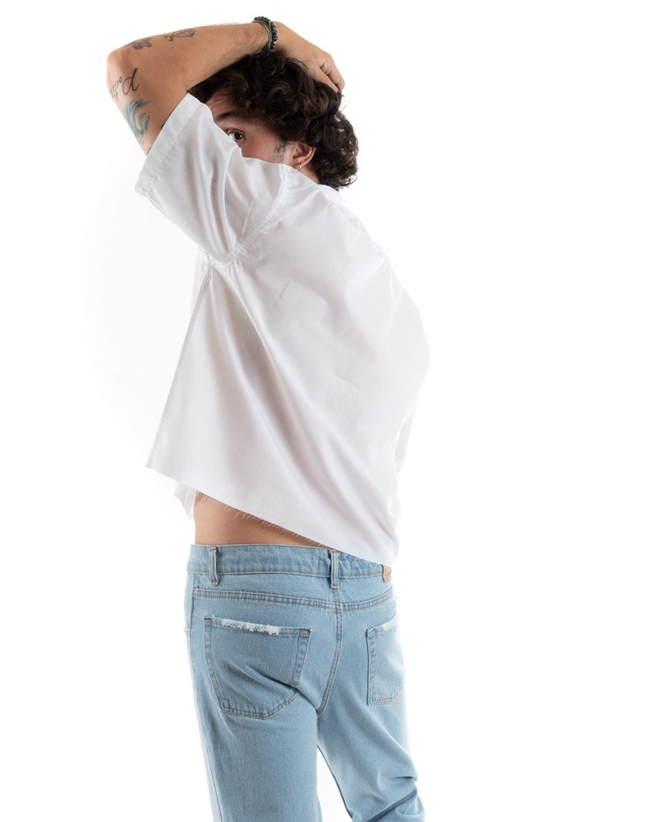 Camicia Uomo Manica Corta Cropped Tinta Unita Bianco Boxy Fit Casual GIOSAL-CC1195A