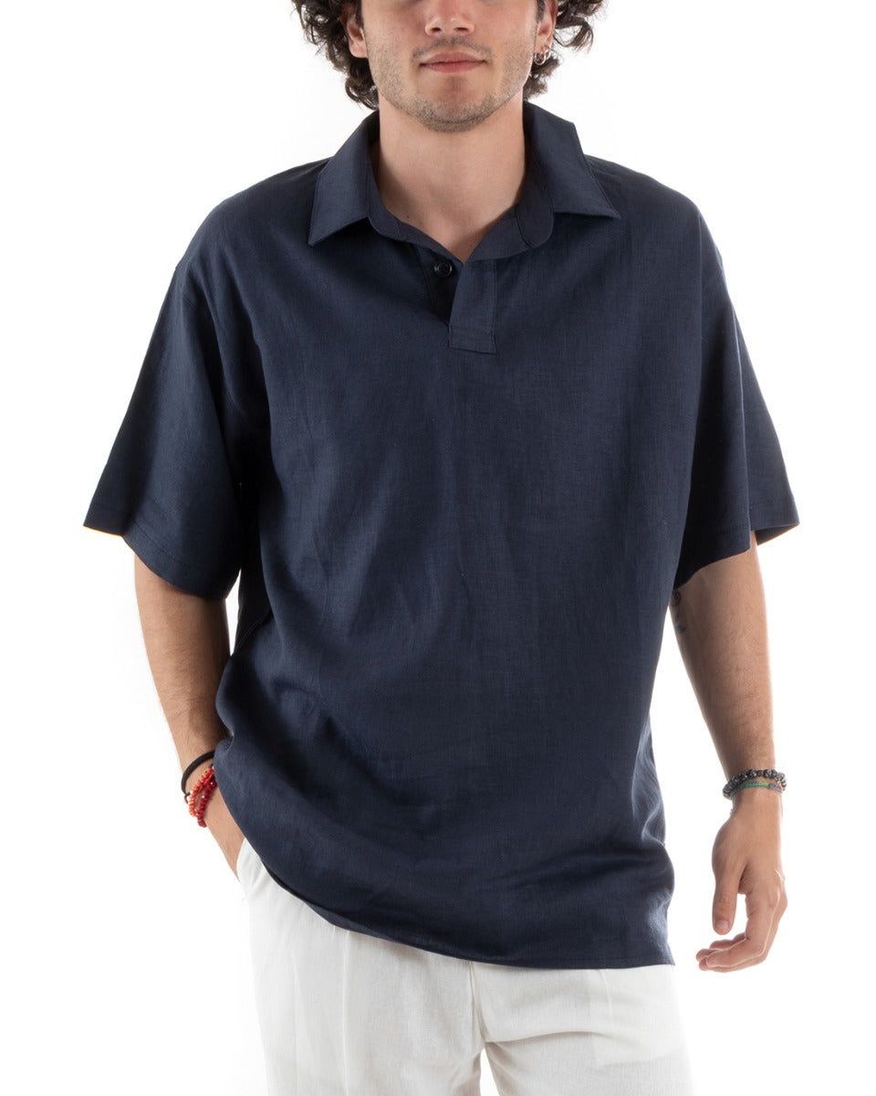 Men's Shirt Collar Short Sleeve Solid Color Linen Casual Basic Blue GIOSAL-CC1196A