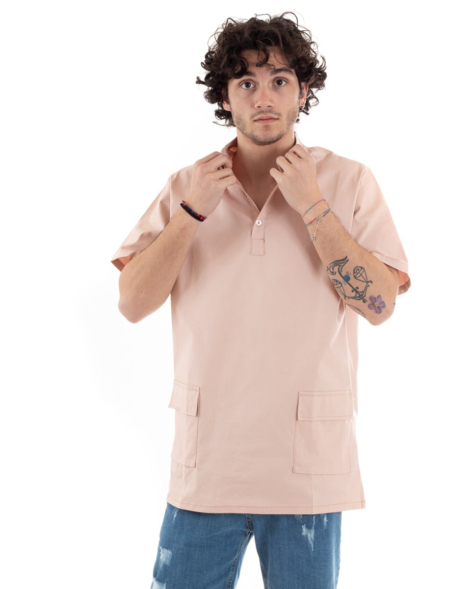 Camicia Uomo Manica Corta Collo Coreano Serafino Rosa Tasche GIOSAL-CC1174A