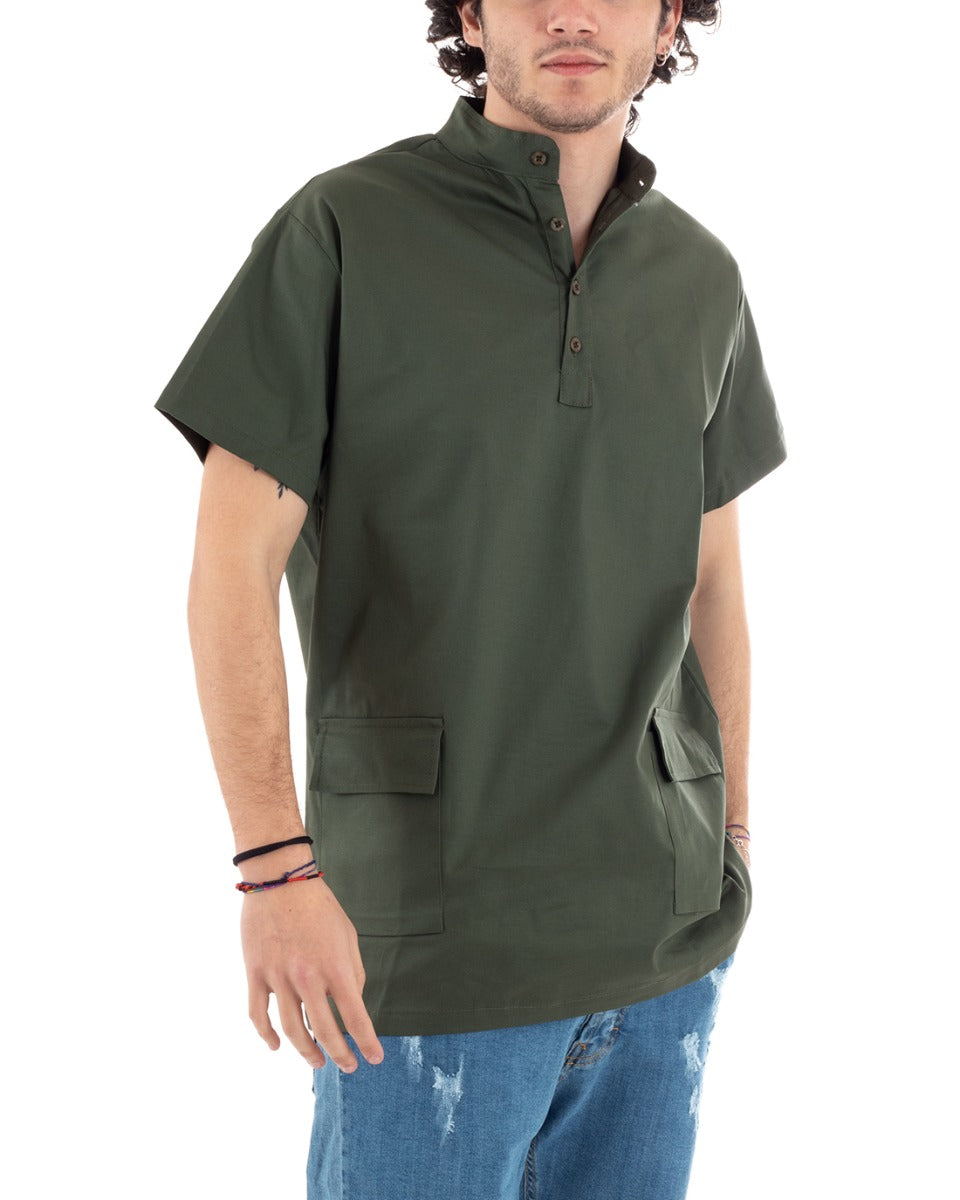 Camicia Uomo Manica Corta Collo Coreano Serafino Verde Tasche GIOSAL-CC1172A